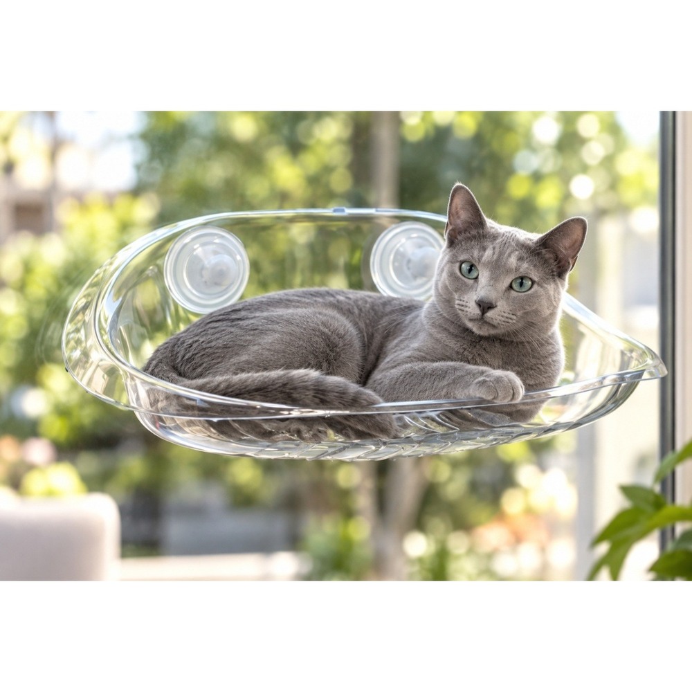 Cat Window Perch OS Clear ABS Plastic Deluxe Suction Cup Pet Hammock w Plush Bed